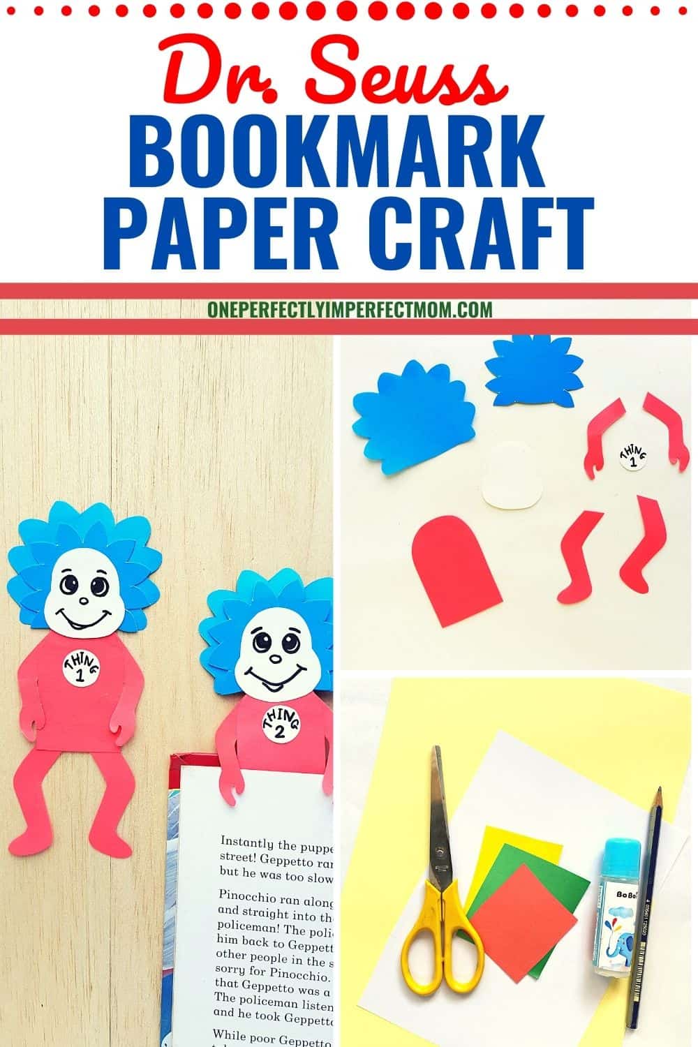 Dr Seuss Kids Craft Thing One And Thing Two Bookmarks One 